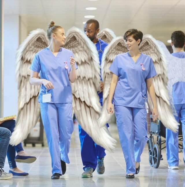 Three nurses with white wings on their backs
