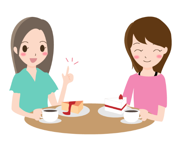 Two smiling women talking with coffee while eating cake